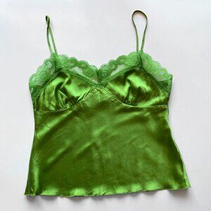 Trina Turk Y2K Silk Cami Lace Trim Spaghetti Strap Tank Size S Green